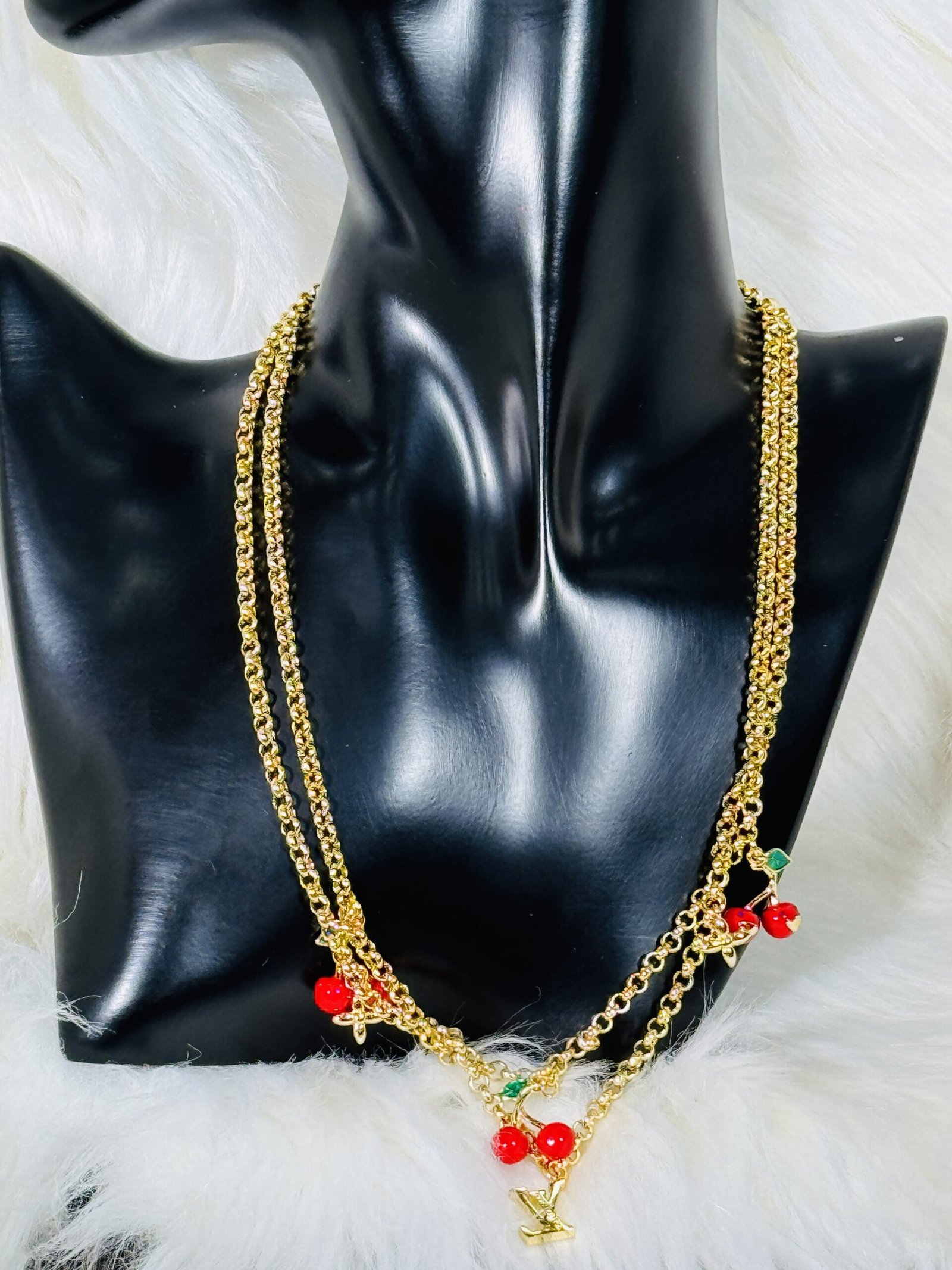 Double Layer Necklace with Red Cherry & Golden LV