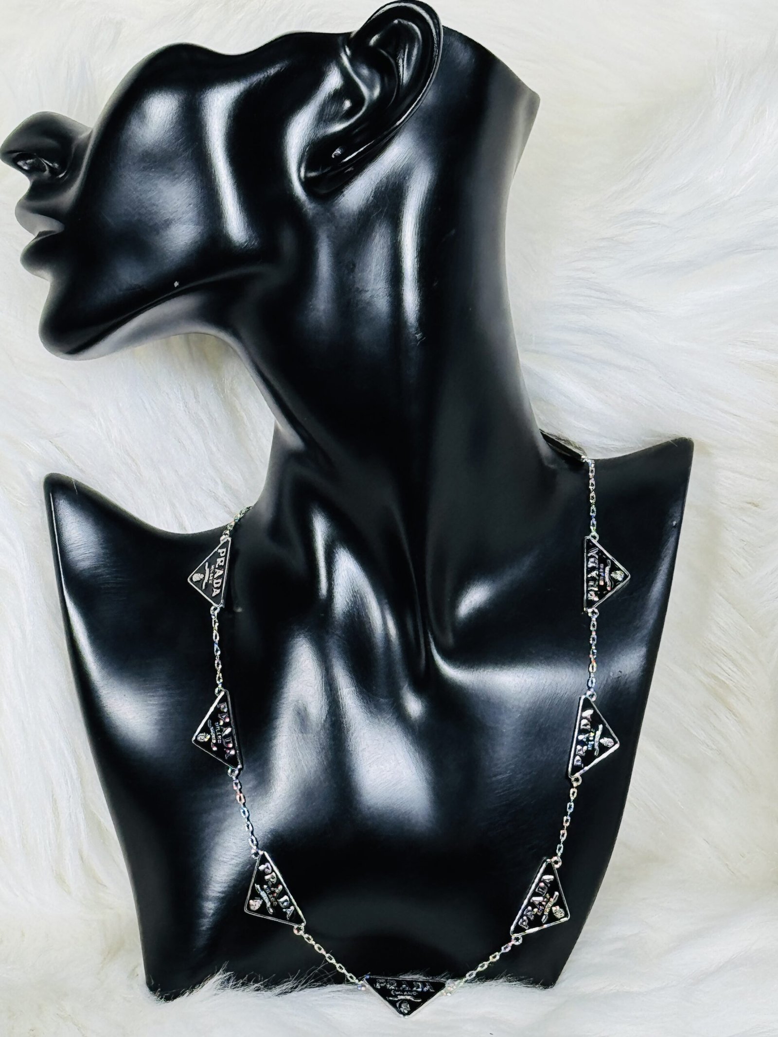 Silver Prada Necklace with Black Logo