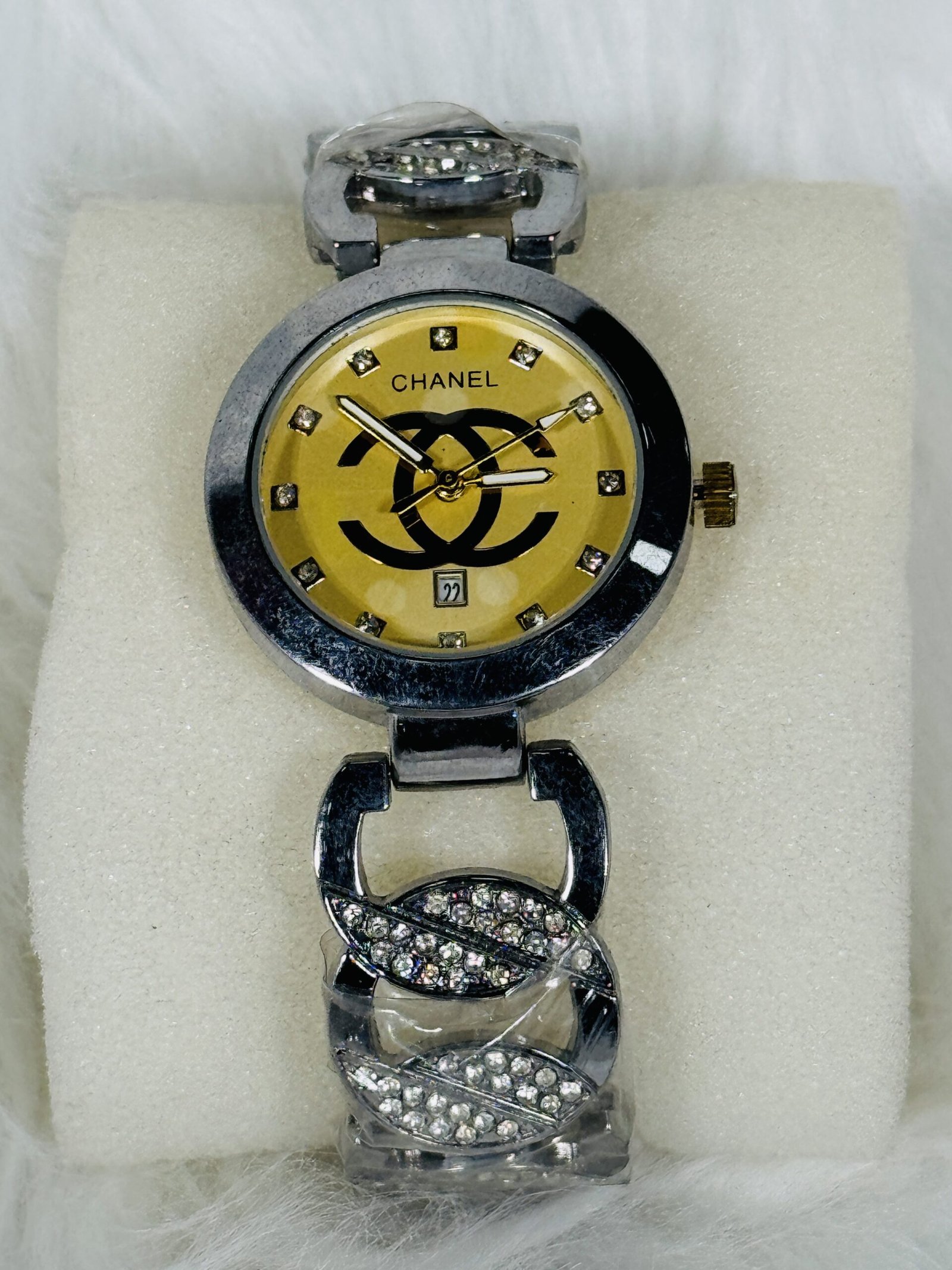 Big Embellished Silver Channel Wristwatch
