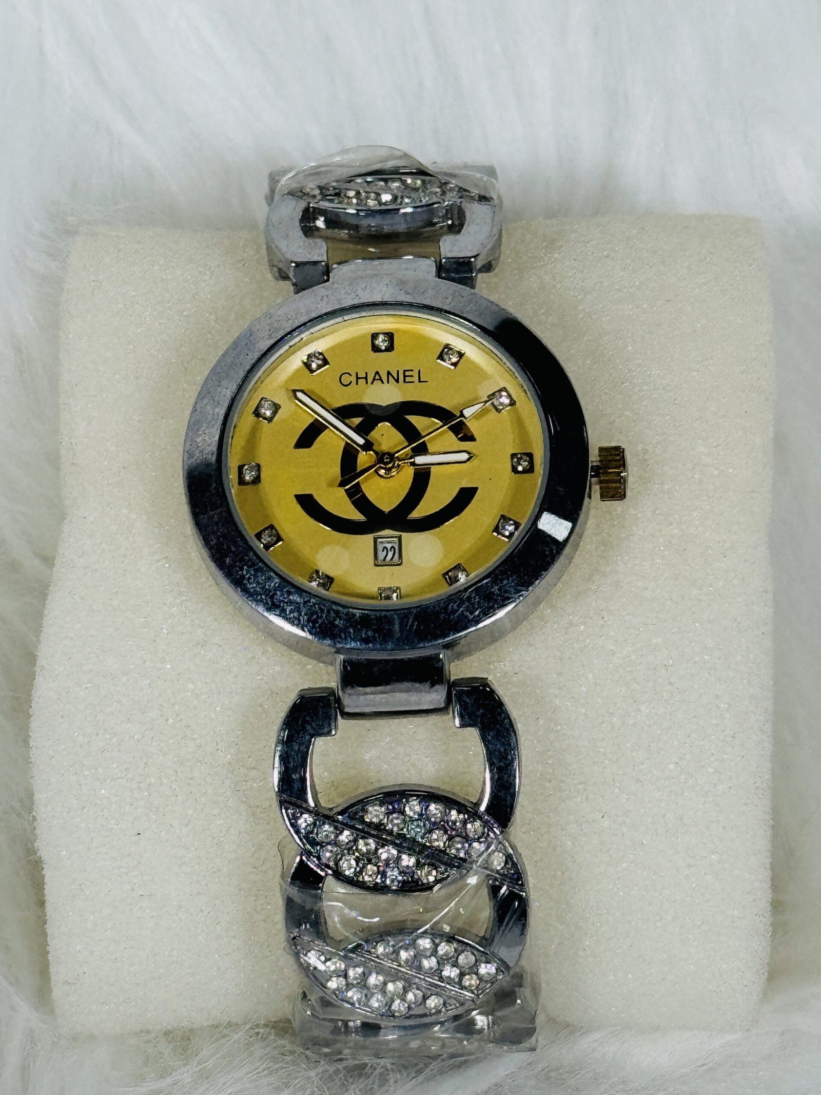 Big Embellished Silver Channel Wristwatch