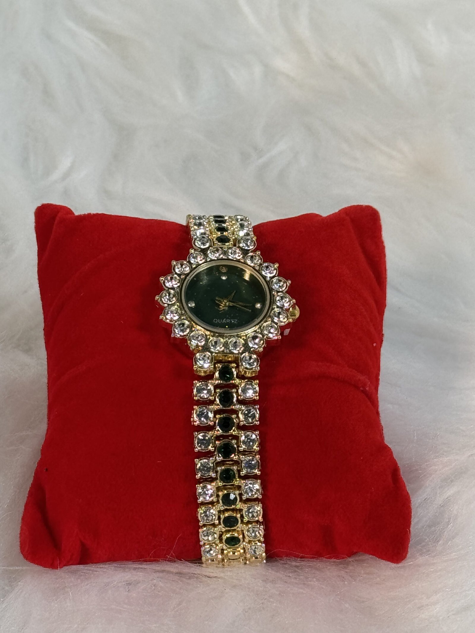 Elegant Embellished Silver & Green Wristwatch