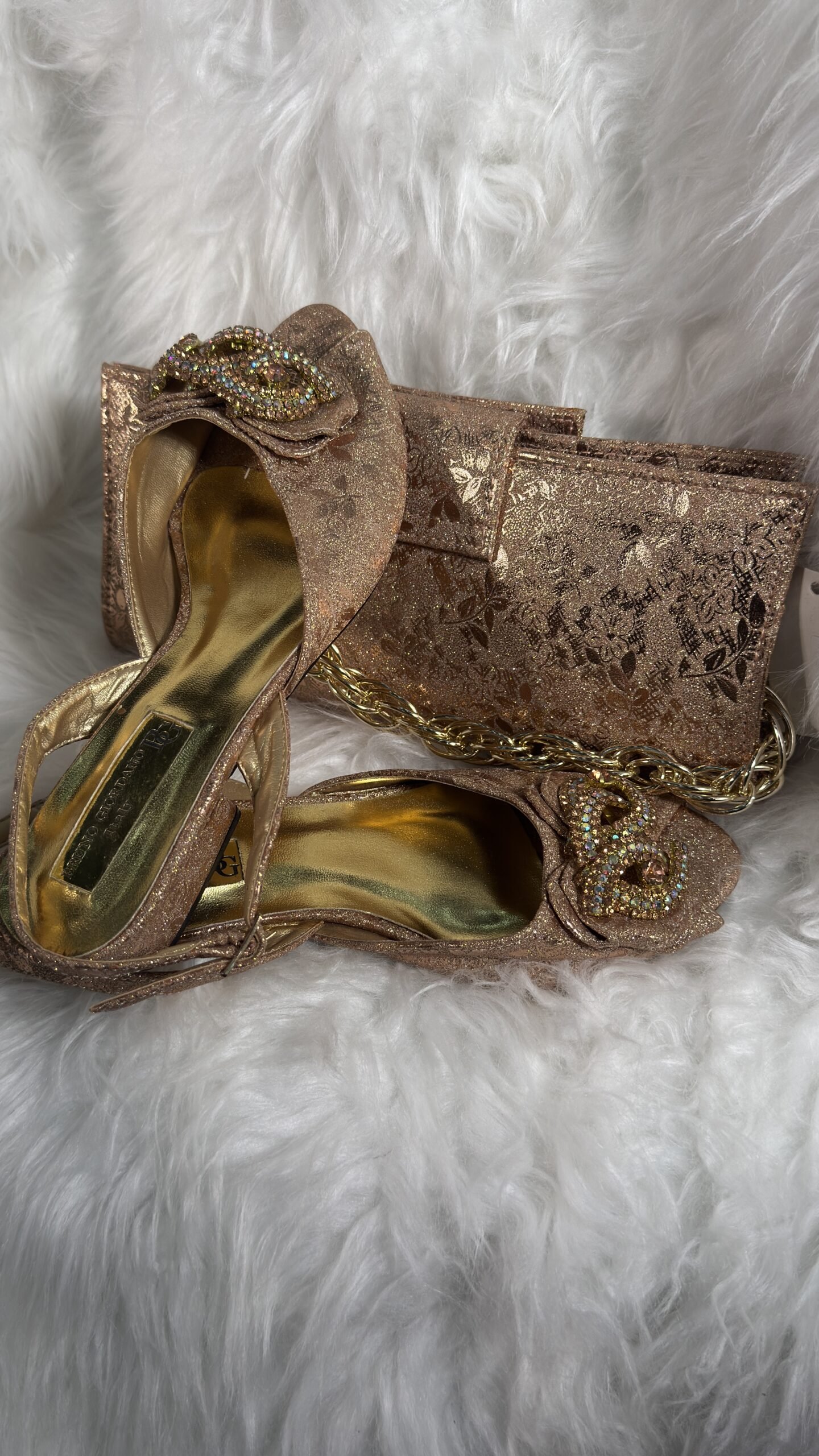 Stylish Gold Fashion Purse and Heeled Shoes