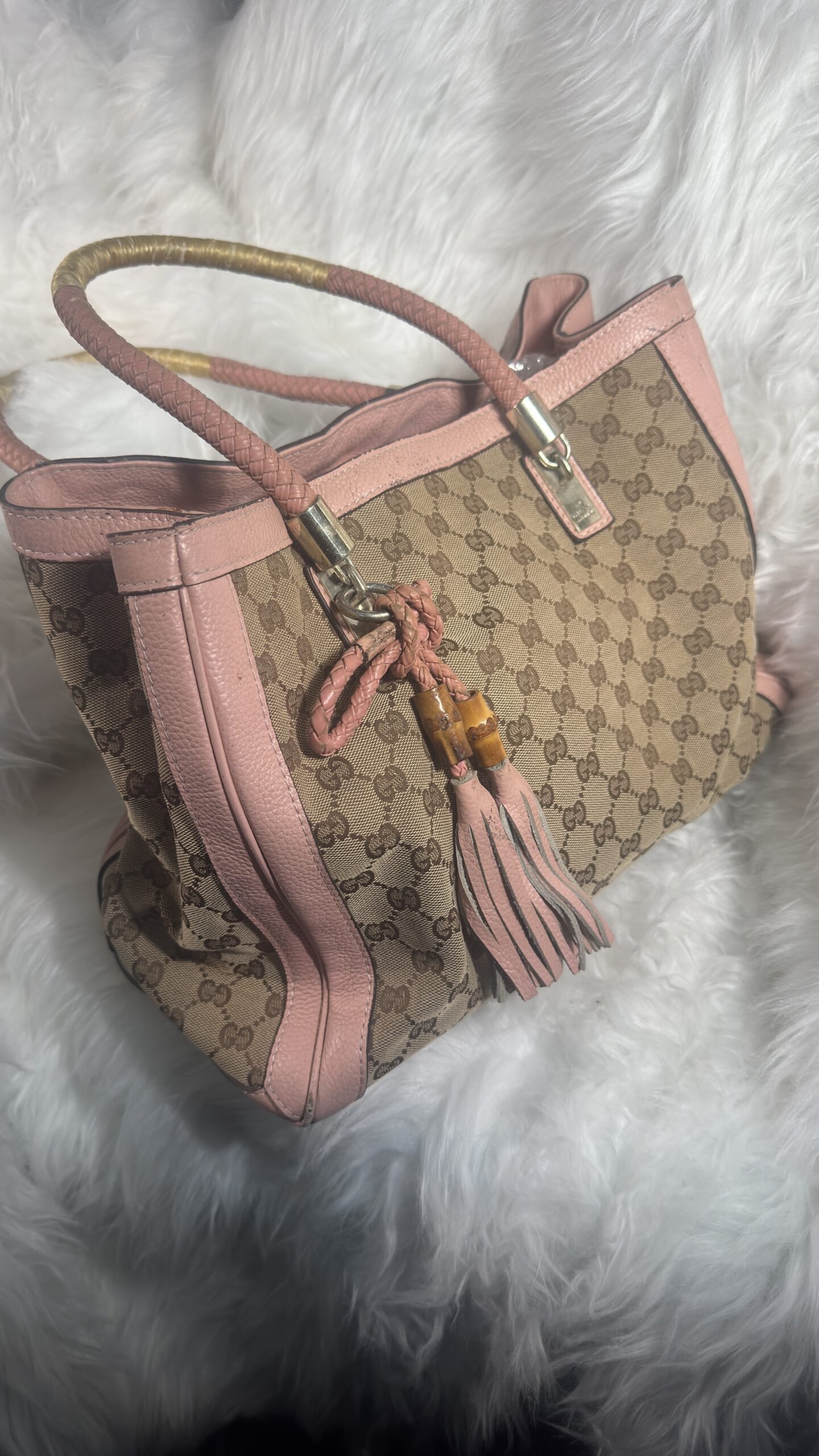 Chic Pink Handbag with Brown Details